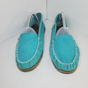 Bearpaw Driving Shoe Womens Sz 10 Suede Loafer Teal Blue Natural Rubber Sole